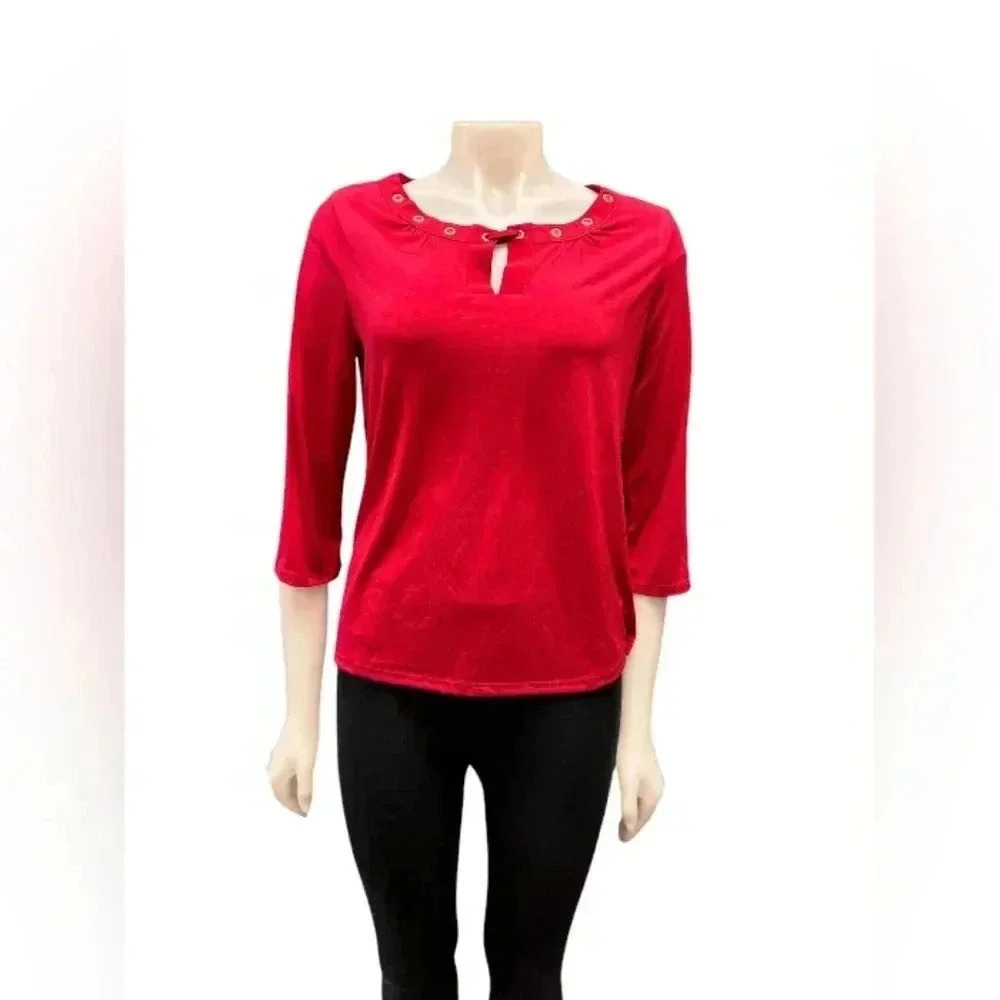 Notations NWT Blouse Red Gold Grommet Stretch Size PM